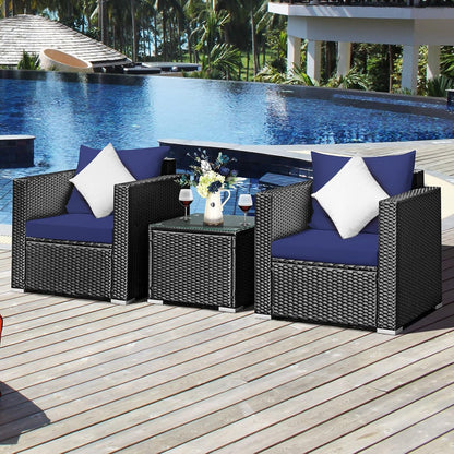 3 Pieces Patio Furniture Set, PE Rattan Wicker Sofa Set W/Washable Cushion and Tempered Glass Tabletop, Outdoor Conversation Furniture for Garden Poolside (Navy Blue)4