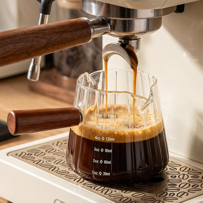 6 Oz Espresso Cups with Wood Handle, Espresso Accessories, Ribbed Milk Frothing Pitcher, Glass Measuring Cup, Shot Glass with V-Shaped Mouth, Coffee Bar Epresso Shots Cup1