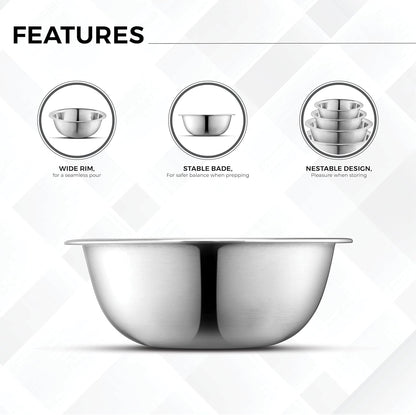 Premium Stainless Steel Mixing Bowls, Set of 5 Brushed Stainless Steel Mixing Bowl Set, Easy to Clean, Space Saving, Great for Cooking, Baking, Prepping (5 Pc Mixing Bowl)4