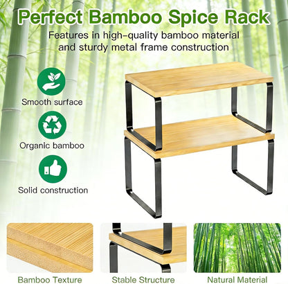 Bamboo Cabinet Organizer Shelf, Set of 2 Kitchen Counter Shelves, Stackable Expandable Spice Rack Kitchen Storage, Black and Natural Beige5