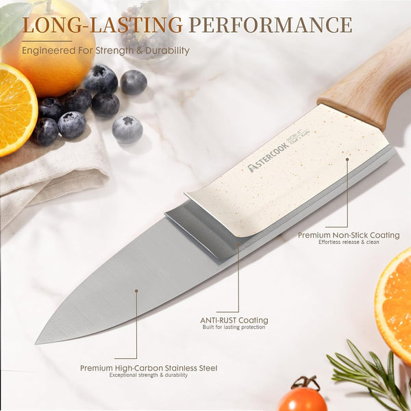 Knife Set, 13 Pieces Kitchen Knives Set with Ceramic Coating, Stainless Steel Chef Knife Sets with 6 Blade Guards, Dishwasher Safe Knives with Wood Grain Handle, Elegant White4