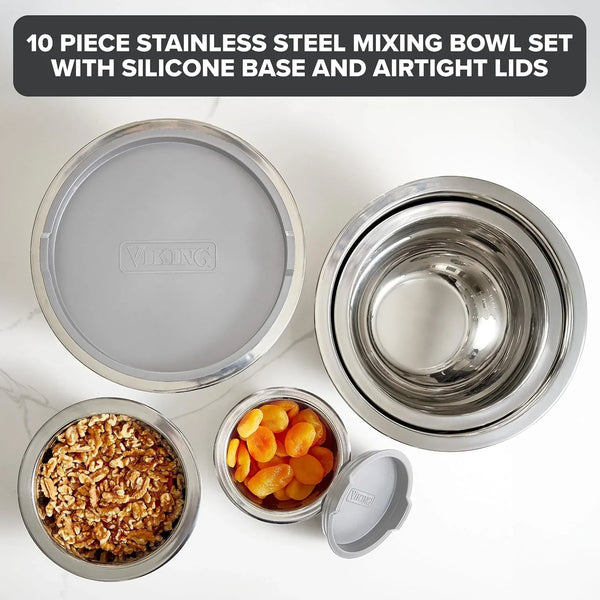 Viking Mixing Bowls Set, 10 Piece Stainless Steel Kitchen Cookware, Non-Slip Silicone Base, Includes Tight Fit Lids, Dishwasher Safe, Grey2
