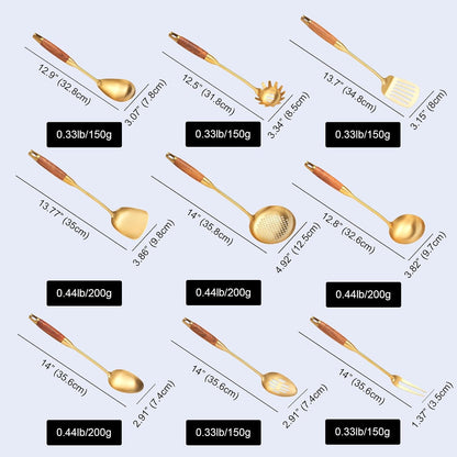Gold Kitchen Utensils Set Stainless Steel 9 PCS with Wooden Handle6