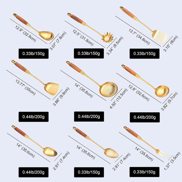 Gold Kitchen Utensils Set Stainless Steel 9 PCS with Wooden Handle6