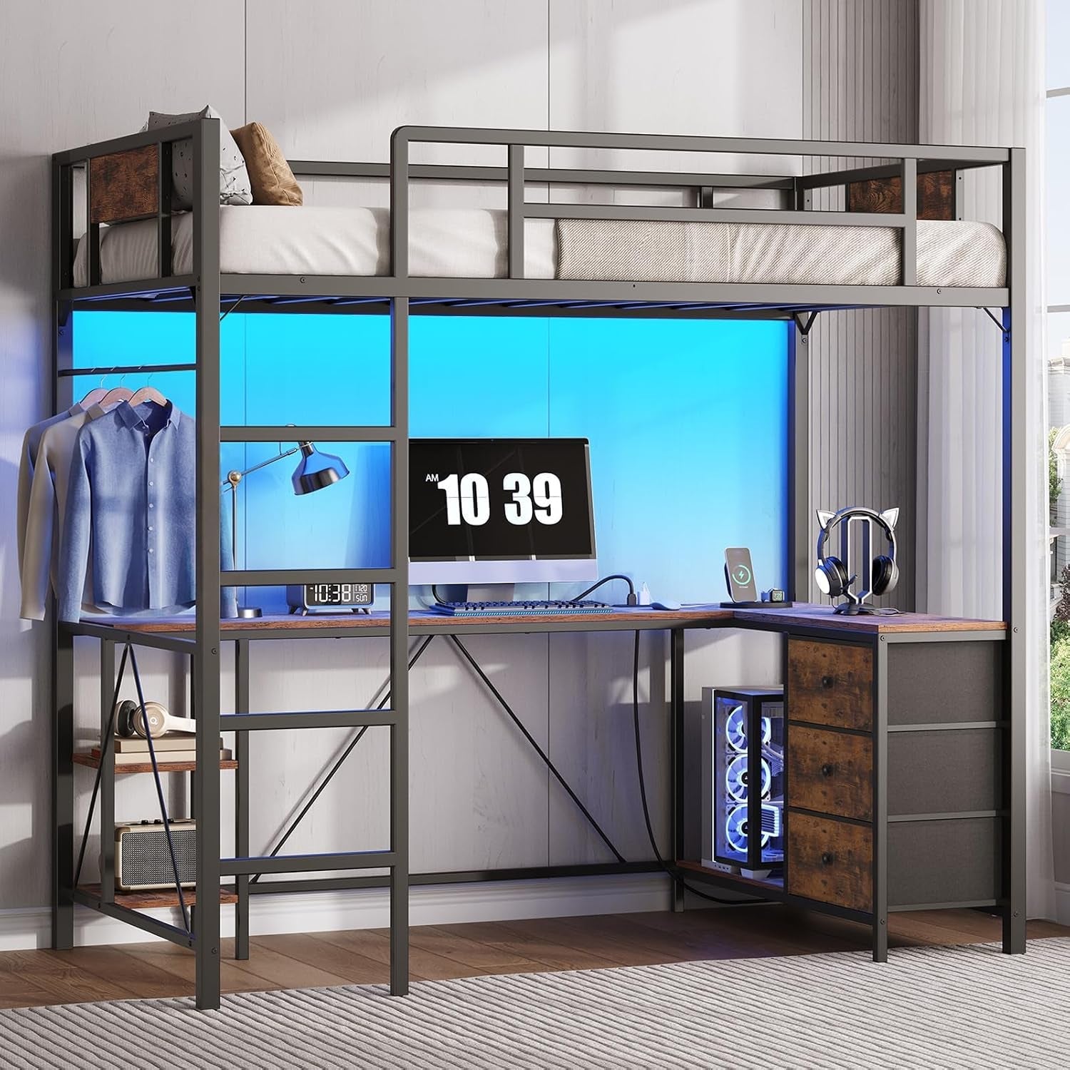 twin-size-loft-bed-with-l-shaped-desk-3-storage-drawers-charging-station-metal-kids-loft-bed-frame-with-led-light-ladder-open-storage-shelves-no-box-spring-needed-rustic-brown-black