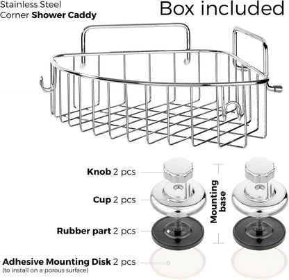 Corner Shower Caddy with Suction Cups and 3M Adhesive Mounting Discs for Porous Surfaces - Stainless Steel Basket for Bathroom Storage (Chrome)3