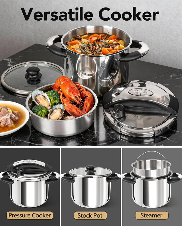 6.3QT Pressure Cooker Stainless Steel, Induction Ready | Safer Pressure Control for Beans, Stews, Rice and Broth, One-Touch Locking Lid, with Glass Lid, Steamer and a Spare Gasket6