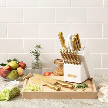 Knife Set Gold Kitchen Knife Block Set W Built-In Sharpener | German Forged Stainless Steel,15 Pc,Razor Sharp,Anti-Rust, Ergonomic Handles,Full Tang,Elegant Gold, Gift Box6
