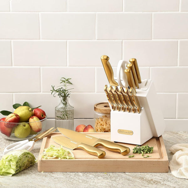 Knife Set Gold Kitchen Knife Block Set W Built-In Sharpener | German Forged Stainless Steel,15 Pc,Razor Sharp,Anti-Rust, Ergonomic Handles,Full Tang,Elegant Gold, Gift Box6