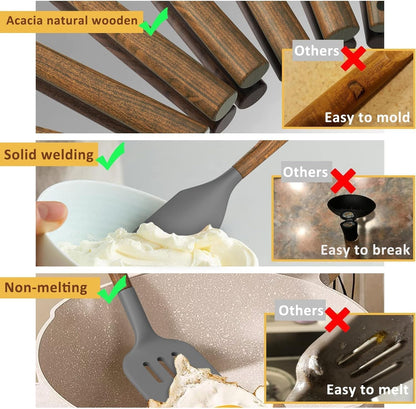 Silicone Cooking Utensil Set, 8-Piece Kitchen Utensils Set with Natural Acacia Wooden Handles,Food-Grade-Silicone Kitchen Gadgets and Spatula Set for Nonstick Cookware - Grey6