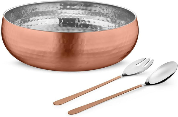 ® Set of 3 Premium Stainless Steel Salad Mixing Bowl Hammered Finish | Handmade | Includes Salad Serving Utensils (Copper Plated)1