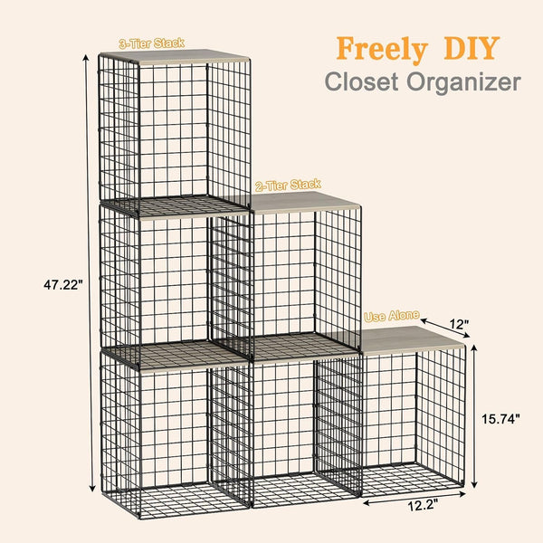 3-Pack Taller Closet Organizers and Storage with Wood Top, Stackable Wire Storage Bins for Clothes, Bags, Towels, Double Storage Design, Sturdy Metal Cube Shelf Organizer for Closet Wardrobe, Black3