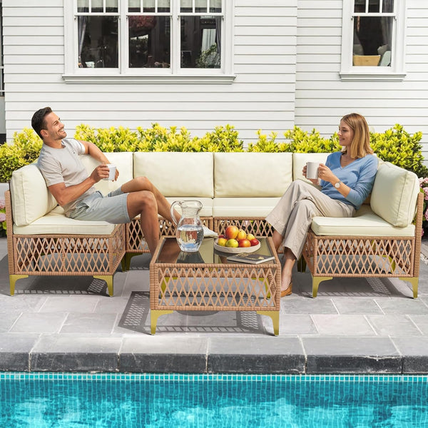 7-Piece Wicker Outdoor Furniture Set, Boho Sectional Sofa Patio Conversation Set with Washable Cushions & Glass Coffee Table, All-Weather Patio Furniture Set for Backyard, Porch, Cream3