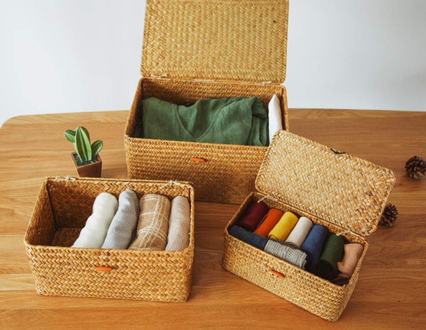Small Shelf Baskets with Lid Set of 3, Compact Handwoven Seagrass Storage Bins Rectangular Wicker Basket for Shelf Organizer, Closet, Desktop6
