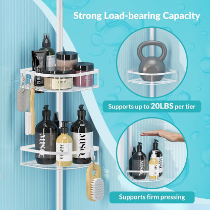 Shower Caddy Tension Pole, 4-Tier Adjustable Corner Shower Standing Caddy, Rustproof Shower Rack for Bathroom Bathtub, with 4 Shelves, No Drilling Shower Shelf for inside Shower (White)9