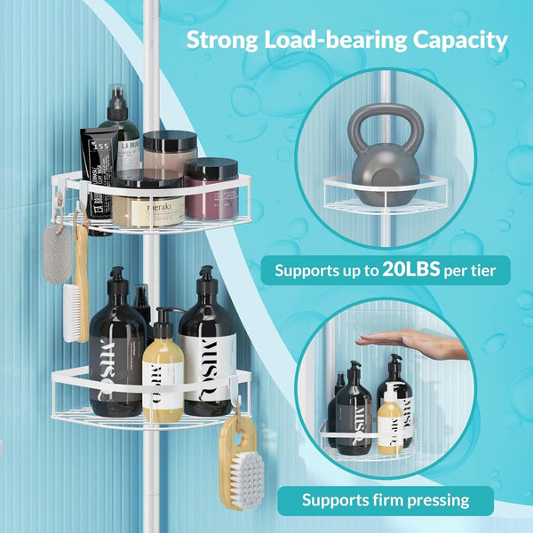 Shower Caddy Tension Pole, 4-Tier Adjustable Corner Shower Standing Caddy, Rustproof Shower Rack for Bathroom Bathtub, with 4 Shelves, No Drilling Shower Shelf for inside Shower (White)9