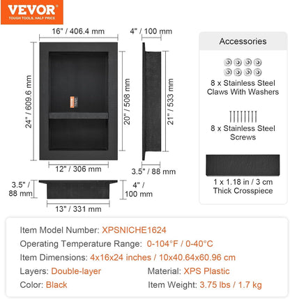 Shower Niche Ready for Tile 16" X 24", Double Shelf Organizer, Square Corners Wall-Inserted Niche Recessed, Sealed Protection Modern Soap Storage Niche for Shower Bathroom, Black9