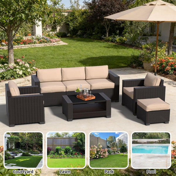 7 Piece Patio Furniture Set, Slanted Back Outdoor Sectional Sofa, Patio Conversation Sets with Cushion and Glass Table, Patio Sofa Furniture for Garden, Deck, Dark Brown Rattan & Khaki Cushions7