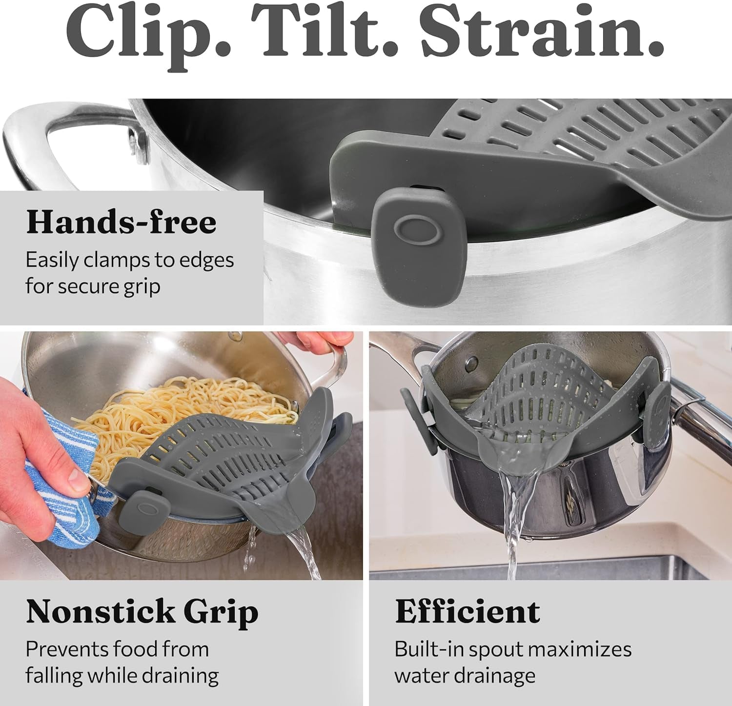 snap-n-strain-silicone-pasta-strainer-clip-on-for-pots-and-pans-heat-resistant-colander-for-vegetables-and-noodles-kitchen-gadgets-for-cooking-space-saving-design-gray