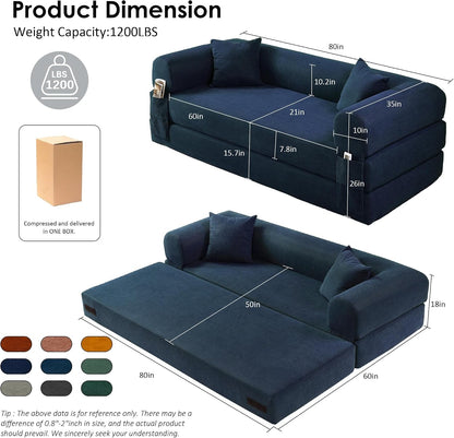 80" Corduroy Convertible Sofa Bed, 3-In-1 Boneless Couch Navy Blue2
