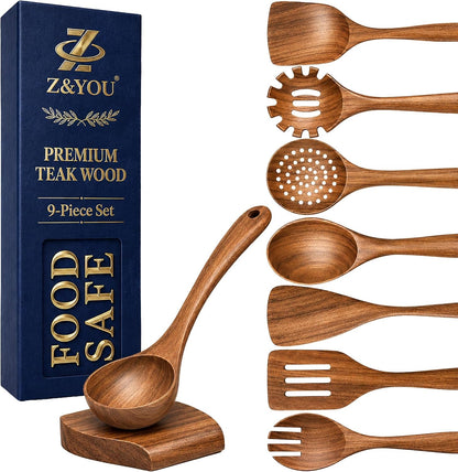 9-Piece Teak Wooden Utensil Set – Wooden Spoons for Cooking with Spoon Rest, Wooden Spatula, and Non Toxic Cooking Utensils – Premium Kitchen Utensils Set for Daily Use1