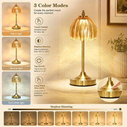 Glass Tulip Table Lamp, Cordless Rechargeable Desk Lamp - Amber3