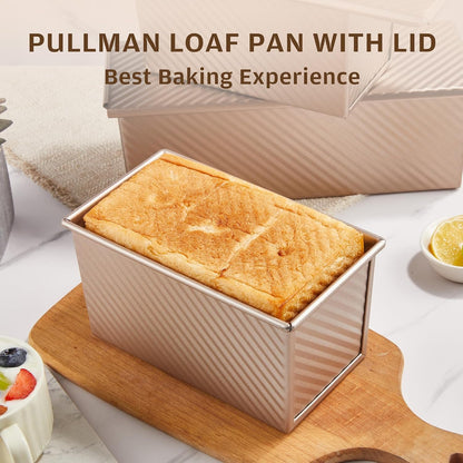 Pullman Loaf Pan with Lid, 1 Lb Dough Capacity Non-Stick Bakeware for Baking Bread, Carbon Steel Corrugated Bread Toast Box Mold with Cover for Baking Bread, Gold5