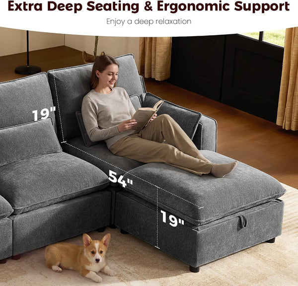 Modern Modular Sectional Sofa,105" V Shape Sectional Cloud Couch with Storage Ottoman,Comfty 6 Seat Sofa for Living Room,Grey Chenille3