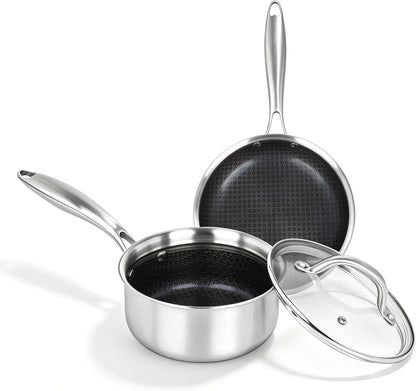 3Pcs,Stainless Steel Pots and Pans Set Non Stick Ceramic Cookware Set,1.5Qt+7.87In Non-Toxic Kitchen Cooking Set, Compatible Gas,Induction Dishwasher Safe (PFOS, PFOA Free) 3PCS Set1
