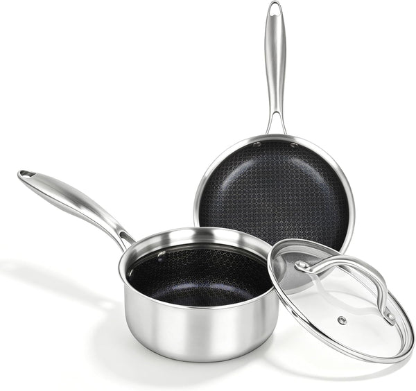 3Pcs,Stainless Steel Pots and Pans Set Non Stick Ceramic Cookware Set,1.5Qt+7.87In Non-Toxic Kitchen Cooking Set, Compatible Gas,Induction Dishwasher Safe (PFOS, PFOA Free) 3PCS Set1