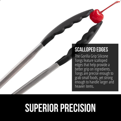 GORILLA GRIP Stainless Steel Bpa-Free Kitchen Tongs for Cooking, Heat Resistant BBQ Tong Set of 2, Non Scratch Silicone Tip for Pan, Strong Grip, Grab Food, Toss Salad, Pull Lock, 7+9 Inch, Black3