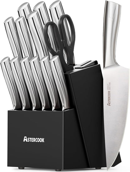 Knife Set, Kitchen Knives Set with Block and Sharpener Full Tang 15 Pcs Stainless Steel Knives, Dishwasher Safe Knife Set with Anti-Slip Ergonomic Handle, Black, Fathers Day Gift for Men1