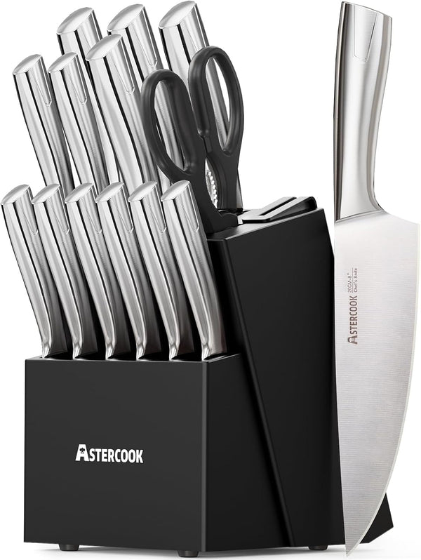 Knife Set, Kitchen Knives Set with Block and Sharpener Full Tang 15 Pcs Stainless Steel Knives, Dishwasher Safe Knife Set with Anti-Slip Ergonomic Handle, Black, Fathers Day Gift for Men1