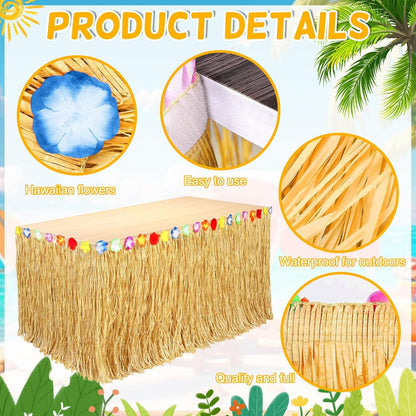 2 Pack Table Skirt Luau Party Decorations, Flower 53.2" X 29.5" Grass Table Skirts for Luau Party Summer Tropical Hawaiian Party Decorations (A-2 Pack)3