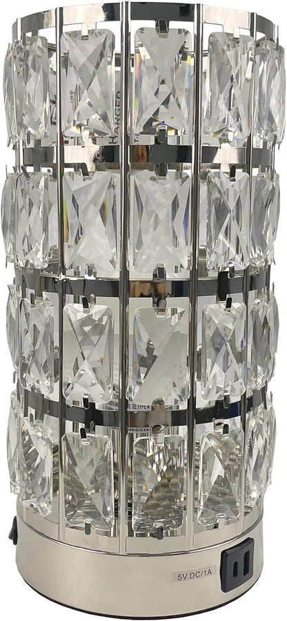 Cylinder Crystal Table Lamp, Chrome Warm Glow, USB Ports, LED Bulb4