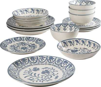Bloomhouse - 2-Time Oprah’S Favorite Things - Valencia Flor 16 Piece Dinnerware Set, Artisanal Decorated Stoneware Plates & Bowls, Service for 4, Microwave & Dishwasher Safe, Iris Blue6