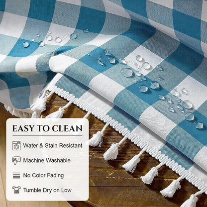 Water-Resistant Checkered Tablecloth Rectangle, Cotton Linen Gingham Table Cloth with Tassel, Wrinkle Free Buffalo Plaid Table Cover for Picnic Kitchen Dining Room - 55 X 86 Inch, Blue4
