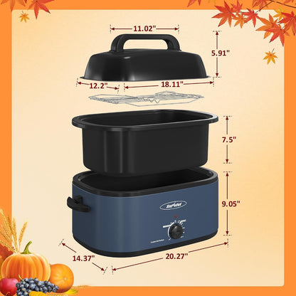 Electric Roaster, 26 Quart Electric Roaster Oven with Glass Lid, Turkey Roaster Oven Buffet with Self-Basting Lid, Removable Pan, Cool-Touch Handles, Blue8