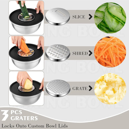 Stainless Steel Mixing Bowls with Lids, 5 Pcs Mixing Bowls with Lids Set Included 3 Grater Attachments, Size 4.5, 4, 3.5, 2.1, 1.5QT Mixing Bowl Set for Baking and Serving (Black, 5 Pack)5