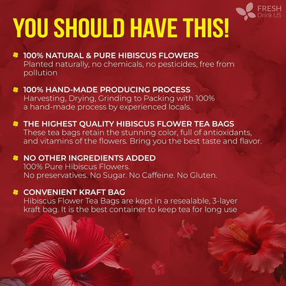 , 140 Bags Hibiscus Flowers Tea, 100% Natural and Pure. Loose Flower Hibiscus Herbal Tea. Hibiscus Flower Tea. No Sugar, No Caffeine, No Gluten, Vegan.4