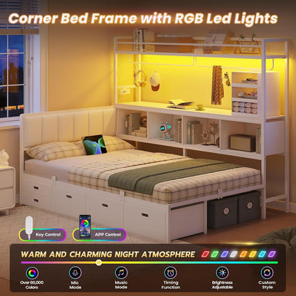 Twin Corner Bed Frame with Tall Storage Bookshelf, 5 Drawers & Power Strips5