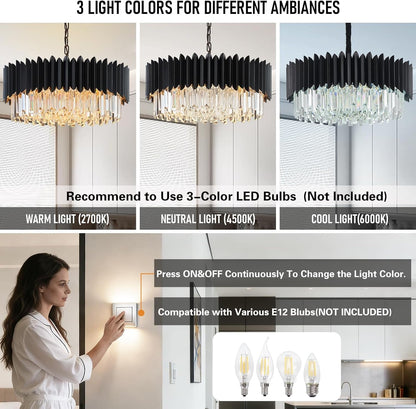 Black Crystal Chandelier 23.62'' K9 Crystal round Pendant Lights Adjustable 5-Tier Large Modern Crystal Chandelier for Dining Room Living Room Kitchen Island Bedroom Foyer Entryway5