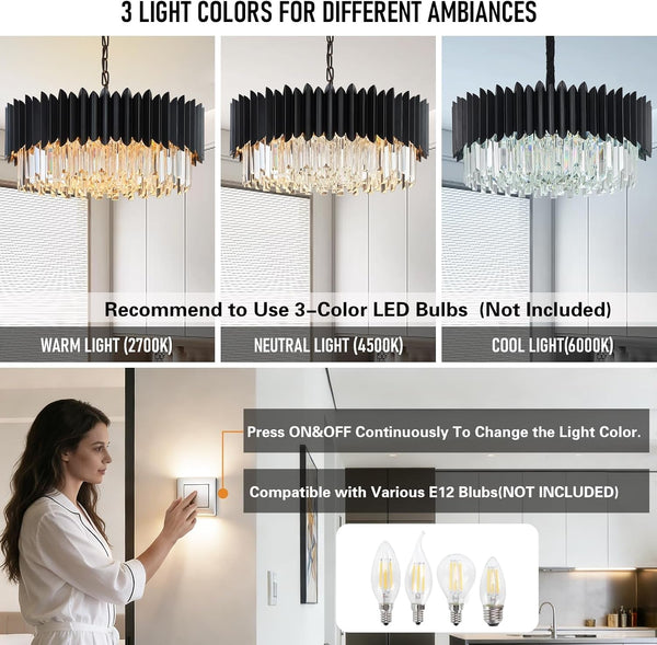 Black Crystal Chandelier 23.62'' K9 Crystal round Pendant Lights Adjustable 5-Tier Large Modern Crystal Chandelier for Dining Room Living Room Kitchen Island Bedroom Foyer Entryway5