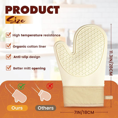 Silicone Oven Mitts (2 PCS), Waterproof Non Slip Grip Oven Gloves with Thick Soft Cotton Lining, Universal Fit Heat Resistant Kitchen Gloves for Baking, BBQ, Cooking and Grilling - White2