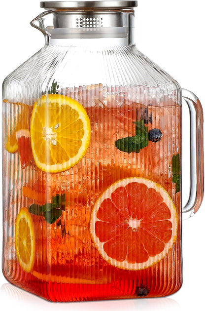 1 Gallon Thickened Square Glass Pitcher with Lid, Classic Stripes Water Pitchers for Fridge, Borosilicate Glass Carafe for Hot/Cold Brew Drink, Extra Large Jug with Handle for Iced Tea, Coffee, Juice1