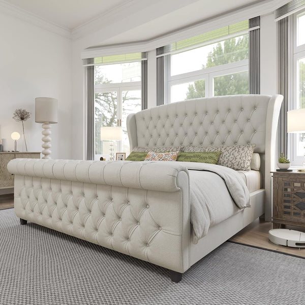 King Size Upholstered Sleigh Platform Bed Frame with Headboard1
