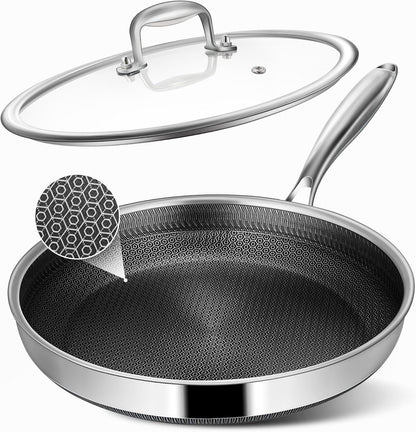 Non Stick Frying Pans, 12-Inch with Lid, Hybrid Frying Pans Nonstick Stainless Steel Skillets, Dishwasher & Oven-Safe, Stay-Cool Handle, PFOA Free Cookware, Compatible with All Cooktops1