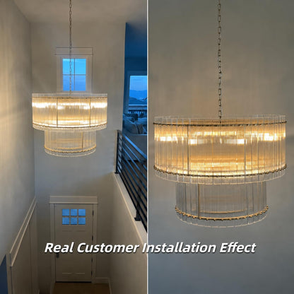 37" Modern Gold round Chandelier,2-Tier 8-Light Water Ripple Crystal Glass Chandeliers,For Dining Room,Living Room,Bedroom,High Ceiling,Foyer Entryway,Luxury Chandelier6
