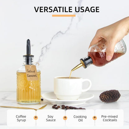 Simple Syrup Bottles Set of 2, Glass Coffee Syrup Dispenser Bottles 7 OZ with Metal Pour Spout, Labels and Stopper, Glass Syrup Dispenser for Maple Honey Syrup Oil and Sauces, LC0028