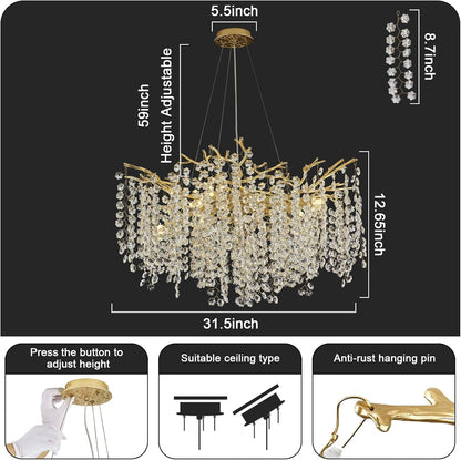 Crystal Chandelier for Dining Room, D31.5 Gold Tree Branches Chandeliers, 10-Light Snowflakes round Modern Chandeliers for Living Room Kitchen Foyer Luxury Adjustable Hanging Chandelier3